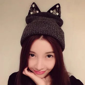 Mingjiebihuo Jaunu modes rudenī un ziemā, gudrs ērti salds adīta vilnas cepure kaķu ausis Silts un savvaļas sievietes, meitenes cieto cepuri