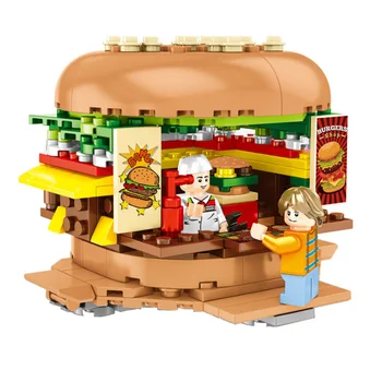 Mini Pilsētas Ielas Veikala Bloka Komplekts 3D DIY Burger cola Dzēriens, saldējums, franču kartupeļi Veikala Ēka, Ķieģeļu Rotaļlieta Bērniem