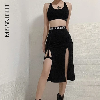 Missnight Sexy Melni Svārki Sadalīt Augsto Vidukli Ar Jostu Vēstuli Izdrukāt, Gothic Harajuku Sieviešu Svārki Clubwear Streetwear