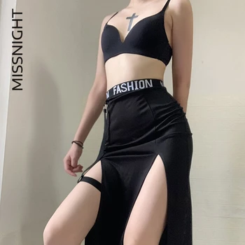 Missnight Sexy Melni Svārki Sadalīt Augsto Vidukli Ar Jostu Vēstuli Izdrukāt, Gothic Harajuku Sieviešu Svārki Clubwear Streetwear