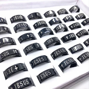 MIXMAX 20PCS gredzenu Jēzus krusta vīriešu, sieviešu, Dievs, Kristus smalku melnu Nerūsējošā Tērauda, zīmolu gredzenu, augstas kvalitātes Rotaslietas