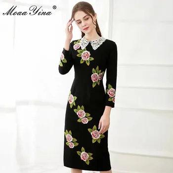 MoaaYina Modes Dizainera kleita Pavasara Rudens Sieviešu Kleita Rose Izšuvumi Karstā urbšanas Black Slim Elegants Kleitas