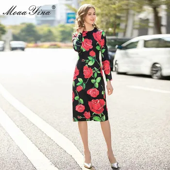MoaaYina Modes Dizainera kleita Pavasara Rudens Sieviešu Kleita ar garām piedurknēm Rožu Ziedu-Print Slim Kleitas