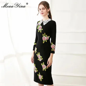 MoaaYina Modes Dizainera kleita Pavasara Rudens Sieviešu Kleita Rose Izšuvumi Karstā urbšanas Black Slim Elegants Kleitas