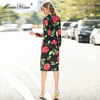MoaaYina Modes Dizainera kleita Pavasara Rudens Sieviešu Kleita ar garām piedurknēm Rožu Ziedu-Print Slim Kleitas