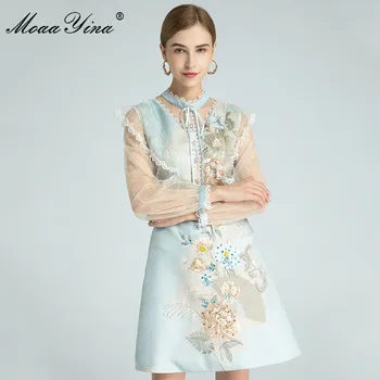 MoaaYina Modes Dizainera kleita Pavasara Sieviešu Kleita, Acs garām piedurknēm Ruffles Fāzēm, Vizuļi Ziedi Kleitas
