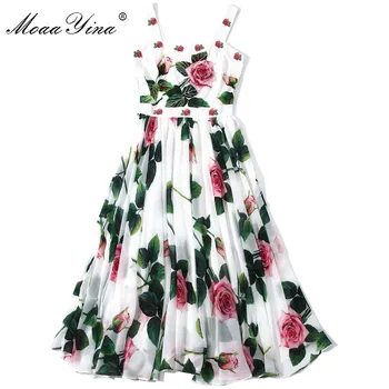 MoaaYina Modes Dizainera kleita Vasaras Sieviešu Kleita Fāzēm, Izšuvumi Rožu Ziedu-Print Kokvilnas Lupatu Šifona Kleitas