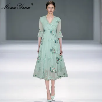 MoaaYina Modes Dizainera kleita Vasaras Sieviešu Kleita ar V veida Kakla Izšuvumi Elegants Šifons Kleitas