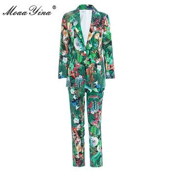 MoaaYina Modes Dizainera Uzvalks Pavasara Rudens Sievietes ar garām piedurknēm Tērps, Tops+bikses Mērkaķis Zaļo lapu Kaktuss Drukāt Divas-gabals, kas