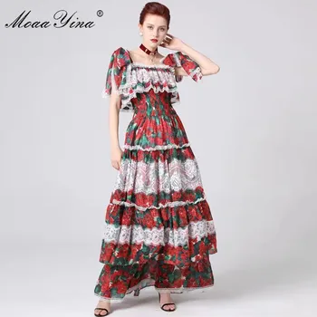 MoaaYina Modes Dizainere Skrejceļa kleita Pavasara Vasaras Sievietes Kleitu Spageti Siksnas Floral-Print Ruffles Mežģīnes Maxi Kleitas