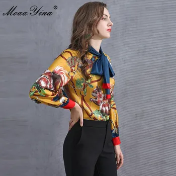 MoaaYina Modes Dizainere Skrejceļa Vasaras Blūze Sievietēm Loku Apkakles Mazo dzīvnieku Ziedu Drukāt Streetwear Elegants Krekls Topi