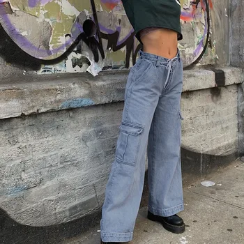Moderns 2020. gadam, Sievietēm, Augsta Vidukļa Džinsus High Street Multi-kabatas Džinsa Plaša Kāju Bikses Gadījuma Zaudēt Taisnas Bikses Pantalon Femme