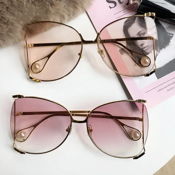 Moderns Korejas Lielgabarīta Saulesbrilles Sieviešu 2019 Luksusa Zīmolu Kvadrātveida Saules Brilles Pērle Apdare, Kaķu Acu Toņos Tauriņš Brilles
