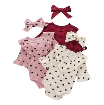 Modes Baby Bodysuits Toddler garām Piedurknēm Kājstarpes Pogas Sirds Iespiesti Bodysuit Valentīna Diena Drēbes