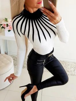 Modes Bodycon Melns Balts Sieviešu Džemperis Ir 2021. Rudens Ziemas Krāsu Saskaņošanas Adīšanas Sieviešu Turleneck Garām Piedurknēm Džemperis Sexy