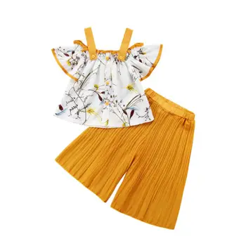 Modes Bērniem, Baby Meitenes Siksnu Pie Pleca Ziedu Topi Izlīdzināšanu Vaļīgas Bikses Apģērbs, Apģērbu Komplekts 1-6T