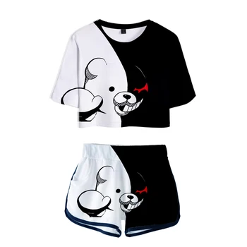 Modes Danganronpa Monokuma Sieviešu 3D T-krekls + 3D Šorti Divu gabals, kas Street Wear Dāmas Fun Karikatūra Uzvalks Vasaras Karstā Jauns