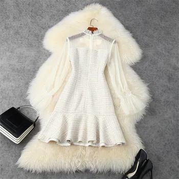 Modes Dizainere Skrejceļa Sievietēm Ar Garām Piedurknēm Bowknot Acs Raibs Mini Tvīda Vilnas Kleita Vintage Rudens Ziemas Drēbes 2020