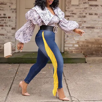 Modes Dzeltena Pušķis Izdilis Džinsi Sievietēm Ar Augstu Starām. Vintage Zilu Zīmuli Džinsa Bikses Plus Lieluma Sieviešu Slim Ziemas Bikses