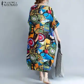 Modes Iespiests Krāsains Maxi Vestidos Sievietēm, Lina Kleita ir 2021. ZANZEA Vintage Piedurknēm Vasaras Sundress Plus Lieluma Drēbes Femme