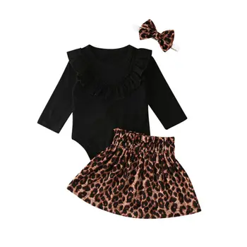Modes Jaundzimušais Meitene Apģērbu Komplekti, Pavasarī, Rudenī Kokvilnas 3Pcs Ruffles Romper+Leoparda Svārki+Galvas Baby Girl Kokvilnas Apģērbs