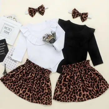 Modes Jaundzimušais Meitene Apģērbu Komplekti, Pavasarī, Rudenī Kokvilnas 3Pcs Ruffles Romper+Leoparda Svārki+Galvas Baby Girl Kokvilnas Apģērbs