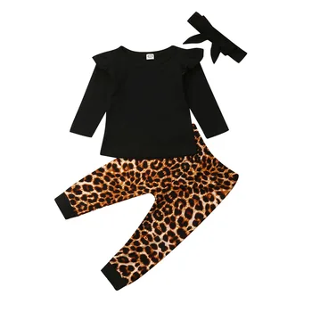 Modes Jaunās Rudens Ziemas Jaundzimušais Meiteņu Kokvilnas Apģērbu Komplekts ar garām Piedurknēm Blūze Topi+Leopard Bikses+Galvas 3pcs Toddler Uzvalks