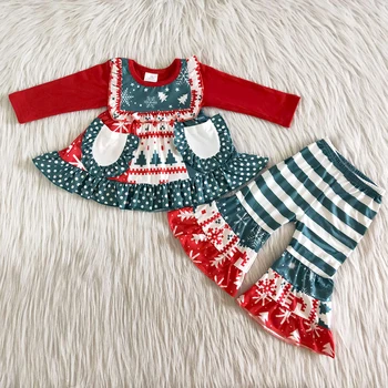 Modes kids ziemas garām piedurknēm apģērbs mazulim meiteņu apģērbs ar kabatām toddler meitene, ar ziemassvētku koku un svītrainu apģērbu komplekts