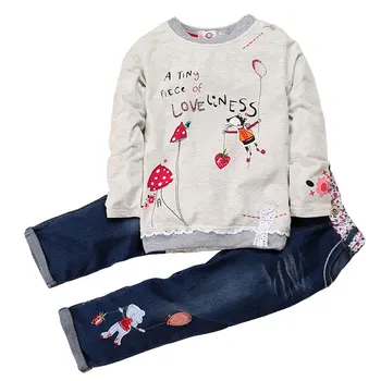 Modes Meitene Apģērbu Komplekti, Pavasarī, Rudenī Bērni Apģērbu Komplekts Kokvilnas garām Piedurknēm Ziedu Tops+Jean 2 gab Bērniem Drēbes Uzvalku