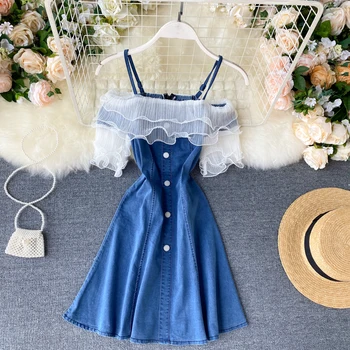 Modes off pleca džinsa auduma kleita ar īsām piedurknēm spageti kleita sievietēm 2020. gada vasaras acs raibs kleitas