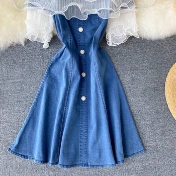 Modes off pleca džinsa auduma kleita ar īsām piedurknēm spageti kleita sievietēm 2020. gada vasaras acs raibs kleitas