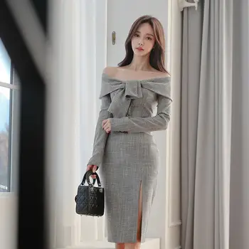 Modes Pavasara korejiešu Stilā, Divi Gabali Komplekts Sievietēm Eleganto Strapless Topi Un Seksīgi Zīmuli Svārki Uzvalks Sexy OLA Biroja Dāma Gary Uzvalks
