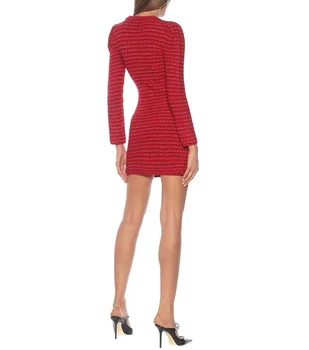 Modes Sarkans Ziemassvētku Kleita Sievietēm 2020 Rudens Ziemas Skrejceļa Dizaineri Sexy V-neck garām Piedurknēm Adīts Džemperis Sieviete Kleita