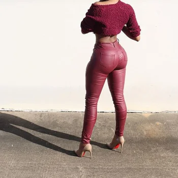 Modes Sievietes Augsta Vidukļa PU Bikses Dāmas Izdilis Stulpiņi Slim, Sexy Bikses Gadījuma Dāmas Black Red PU Ādas Bikses
