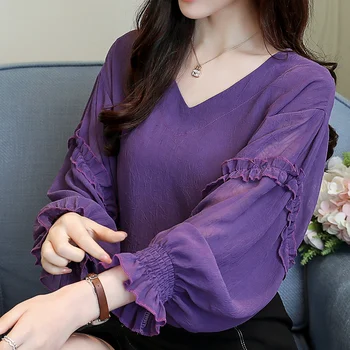 Modes sievietes blūze 2021. gada pavasarī ar garām Piedurknēm, sieviešu krekli V apkakles violeta sieviešu krekls, blūze 3XL plus lieluma sievietēm, topi 2447 50