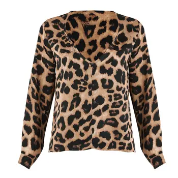 Modes Sievietes Ikdienas Leopard garām Piedurknēm Karstā Pārdošanas Augstas Kvalitātes Dziļu V-veida Kakla Brīvs T-krekls Topi Izmērs S-XL