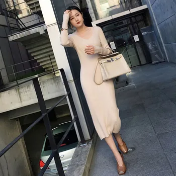 Modes Sievietes Maxi Kleita Slim Adīšanas Džemperis Kleita ar garām Piedurknēm V-veida kakla Ilgi Puse Kleitas