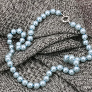 Modes sievietes pārskats ķēde, kaklarota, gaismas sky blue 8mm shell apaļas pērles imitētu-pērļu clavicle sānslīdi kaklasaite rotaslietas 18inch B3217