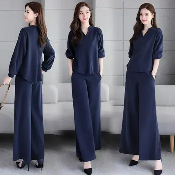 Modes Sieviešu Pavasara Un Rudens Zaudēt Uzvalks korejiešu Style Long Sleeve Un Platas Bikses Divu gabals, kas