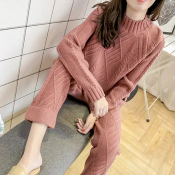 Modes sieviešu pavasarī 2-gabals rudens korejiešu versija, jaunas biezs džemperis komplekts bikses sieviešu retro trikotāžas sweaterWomen tērps
