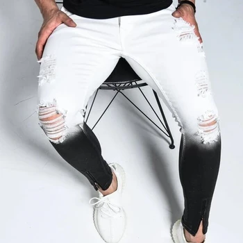 Modes slīpums melns balts vīriešu džinsi skinny ripped džinsa zīmuli bikses pantalones cilvēks slim streetwear hip hop jean plus lieluma