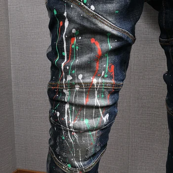 Modes Streetwear Vīriešu Džinsi Retro Melna Zila Krāsotas Dizainers Džinsa Bikses Punk Elastīga, Pieguļoša Savienoti Biker Bikses Homme