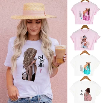 Modes Vasaras Grafiskais Tee Sieviešu T Krekls Ar Īsām Piedurknēm, Bet Pirmo Kafijas Harajuku Vēstuli Mamma Dzīves Gadījuma Streetwear Sieviešu Topi