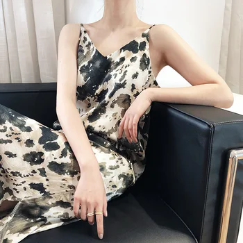 Modes Vintage Tintes Drukā Sieviešu Kleita Ir 2021. Jaunu Vasaras garumā Šifona Kleita Meitene Siksnas Pusi Sadalīt V-veida Kakla Elegants Vestidos Brīvs