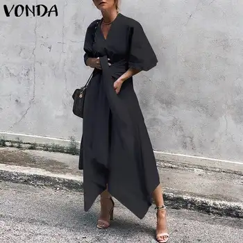 Modes VONDA 2021. gada Vasaras Kleita Sen Maxi Kleita Sievietēm ar Īsām Piedurknēm Sexy V Kakla Asimetrisks Augsta Vidukļa Puse Elegants Vestidos