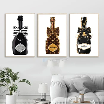 Modes Vīna Plakātu, Melna Balta, Šampanieša Glam Quote Virtuves Sienas Art Print Kanvas Glezna Mūsdienu Attēli Ēdamistaba Dekori