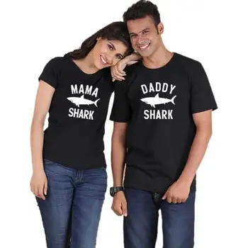 Modes ģimenes tērpiem dady mommmy Gadījuma T Krekls ģimenes paskaties, MAMMU, TĒTIS Haizivs modeli jauks T-krekls, pāris ģimenes tērpiem izskatās