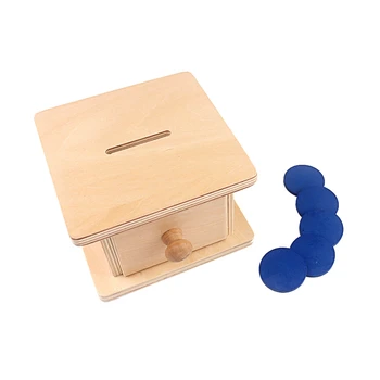 Montessori Imbucare Kaste ar Monētām, Koka Monētu Kaste Pastāvīgu Matching Blue Box Monētas Eudcational Mācību Rotaļlietas, Zīdaiņu Toddler
