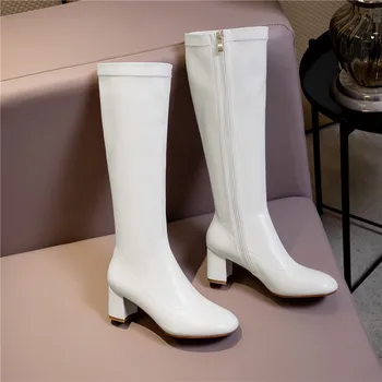 MORAZORA 2020. gadam, Liela izmēra 33-43 ziemas ceļa augstpapēžu zābaki, bieza, augstpapēžu kurpes ar kvadrātveida purngalu dāmas kurpes modes vienkāršu sieviešu zābaki melni balts