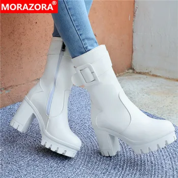 MORAZORA 2020 plus lieluma 43 sievietes potītes zābaki apaļu purngalu zip sprādzes ziemas zābaki modes augstpapēžu kurpes platformas kurpes dāmas